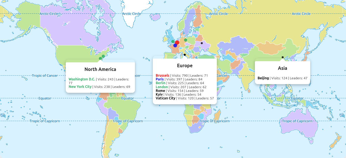 world map highlighting most visited cities by political leaders