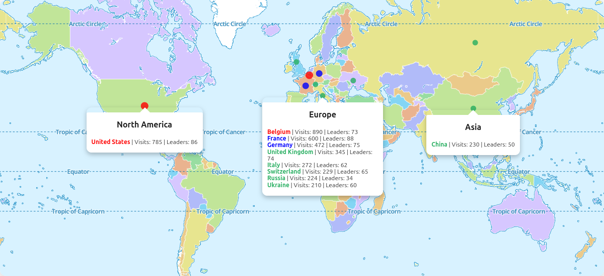 world map highlighting most visited countries by political leaders